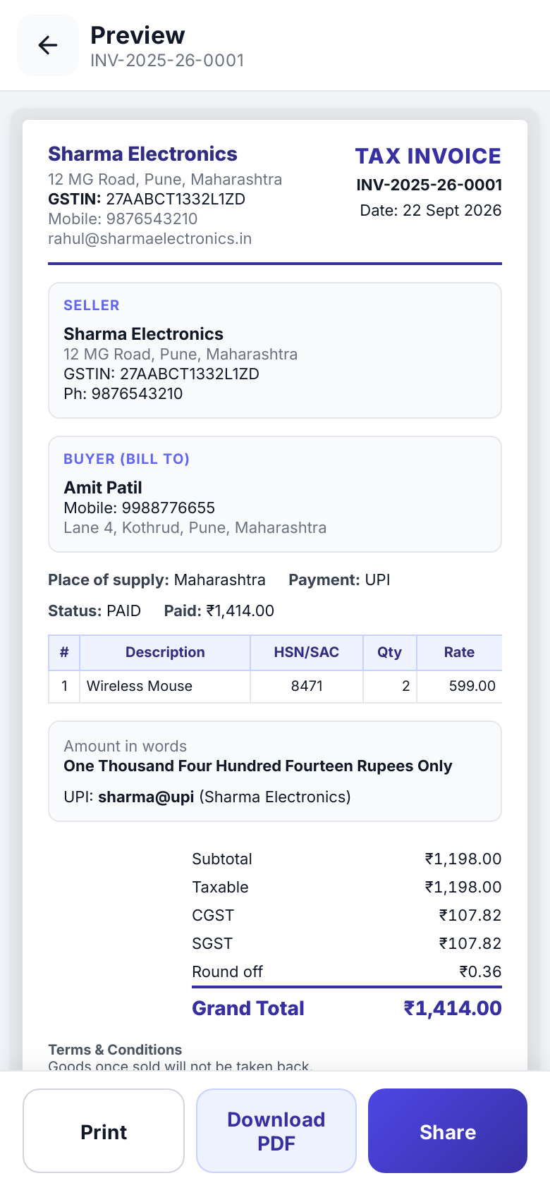 GST invoice preview in BizBahi
